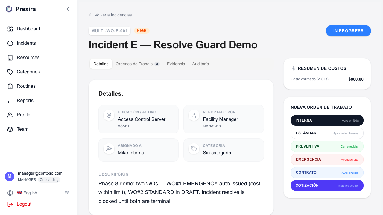 Prexira Incident Detail with Work Orders