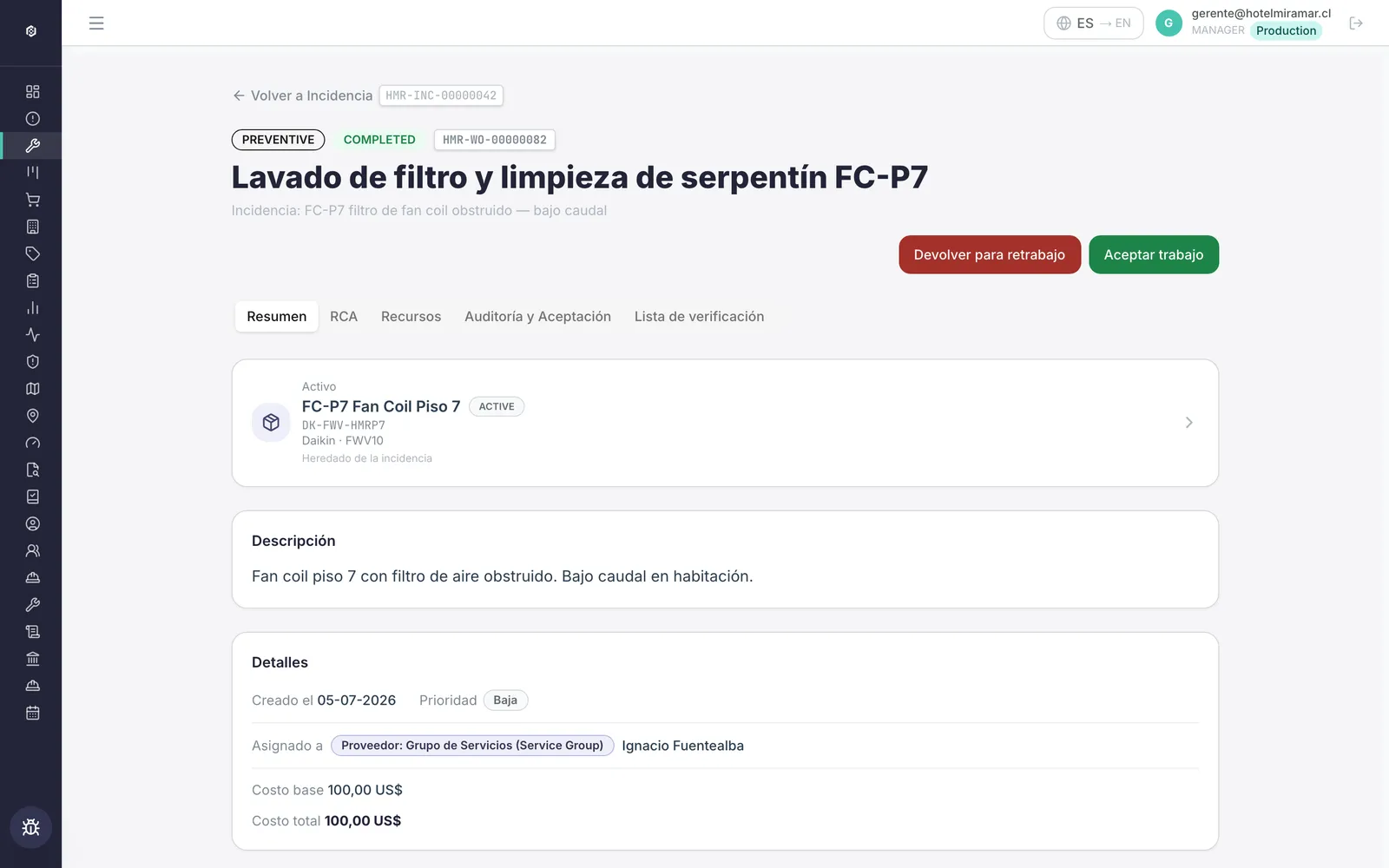Aceptación de trabajo o retrabajo