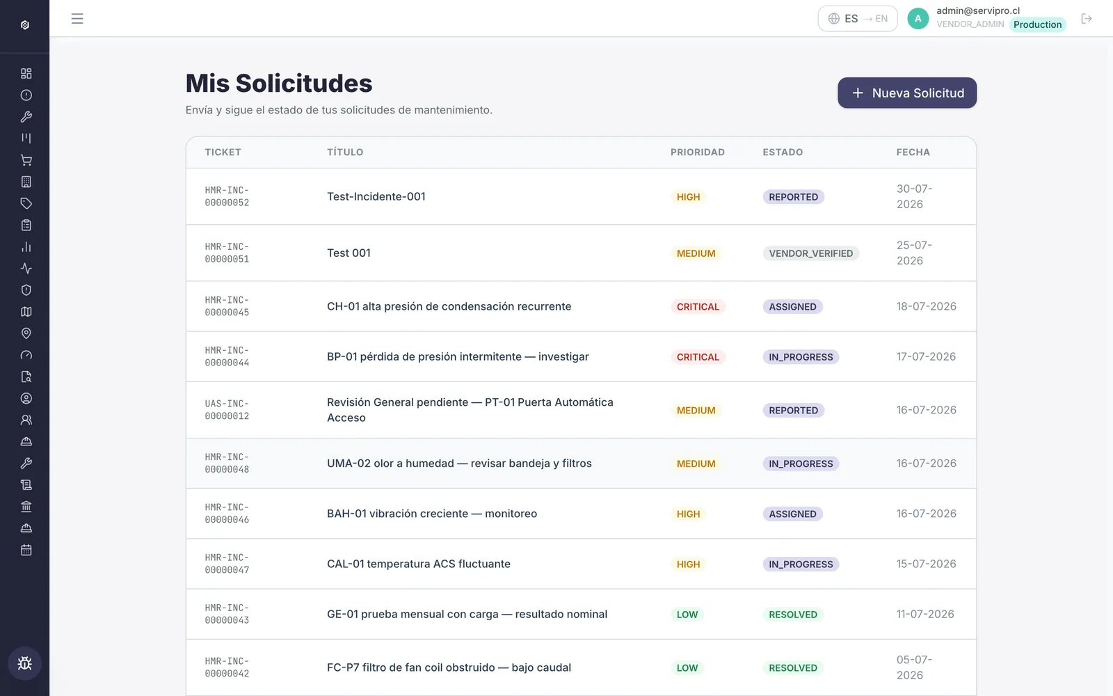 Solicitudes de mantenimiento del cliente