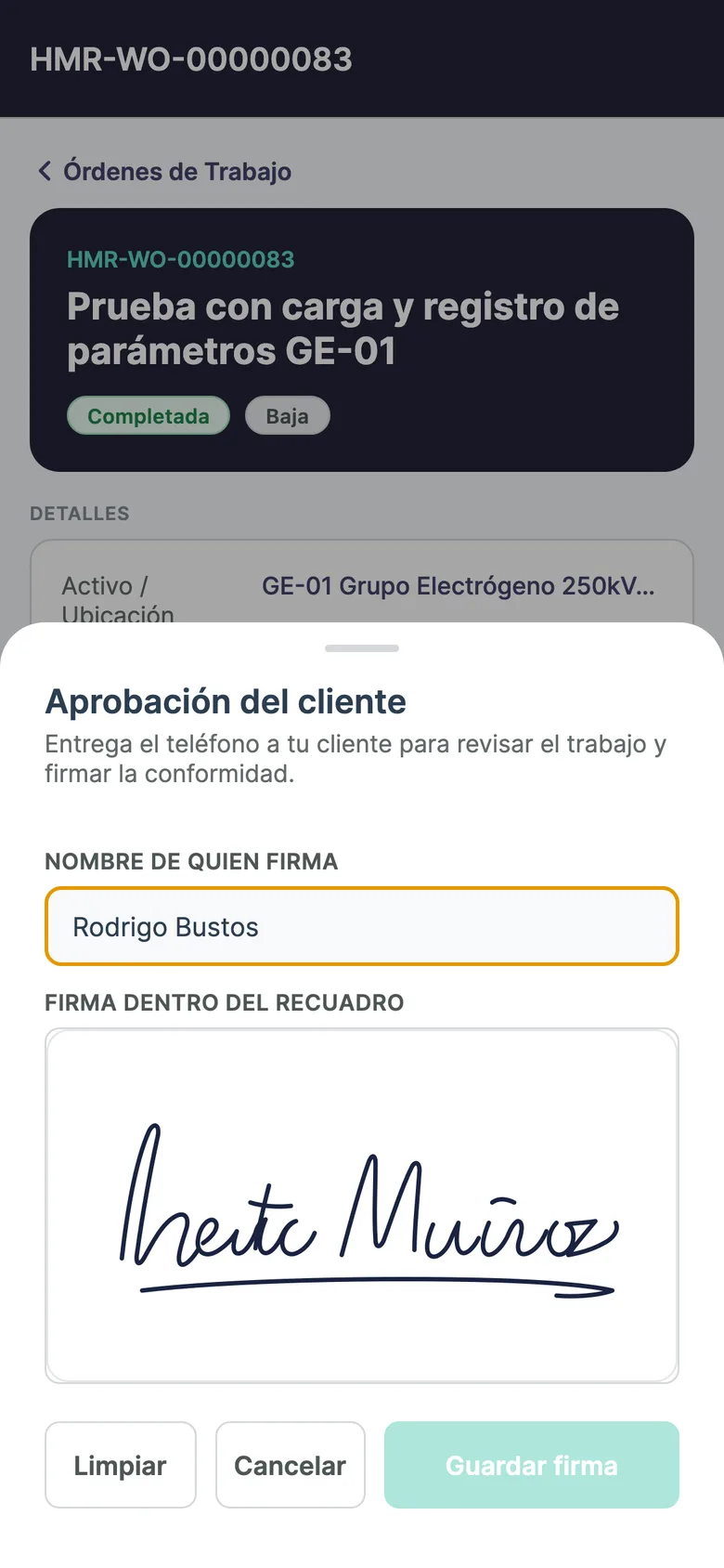 Firma del cliente en la app móvil