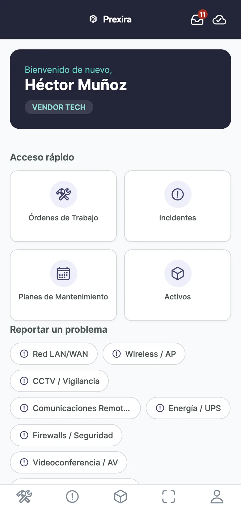 Prexira mobile app — technician home