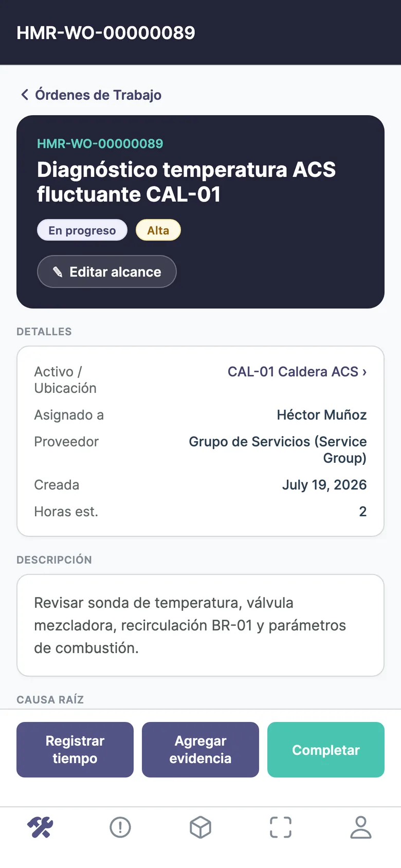 Orden de trabajo en ejecución en la app móvil