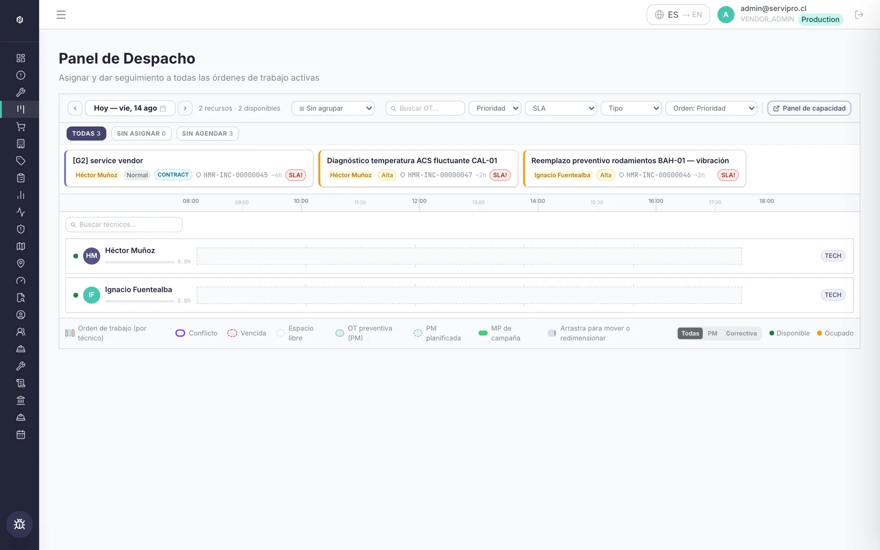 Prexira dispatch board — real product screenshot